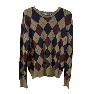 POLO Ralph Lauren Mens Sweater Vtg 90s Lambswool Argyle Thrashed L READ NOTES